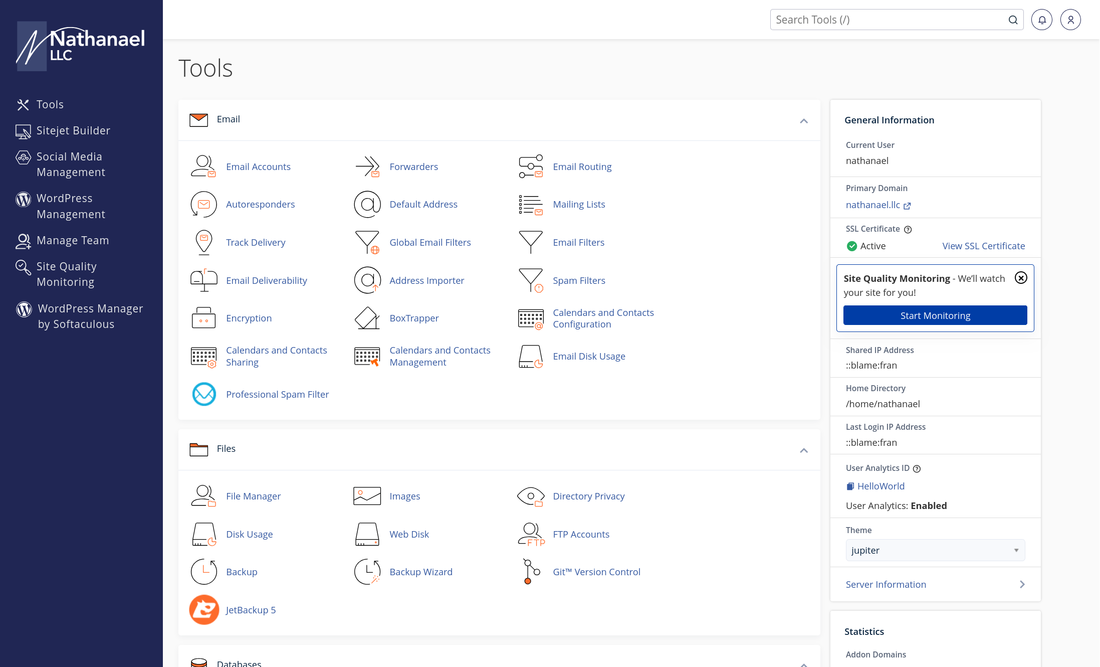 The cPanel hosting control panel dashboard showing website management tools