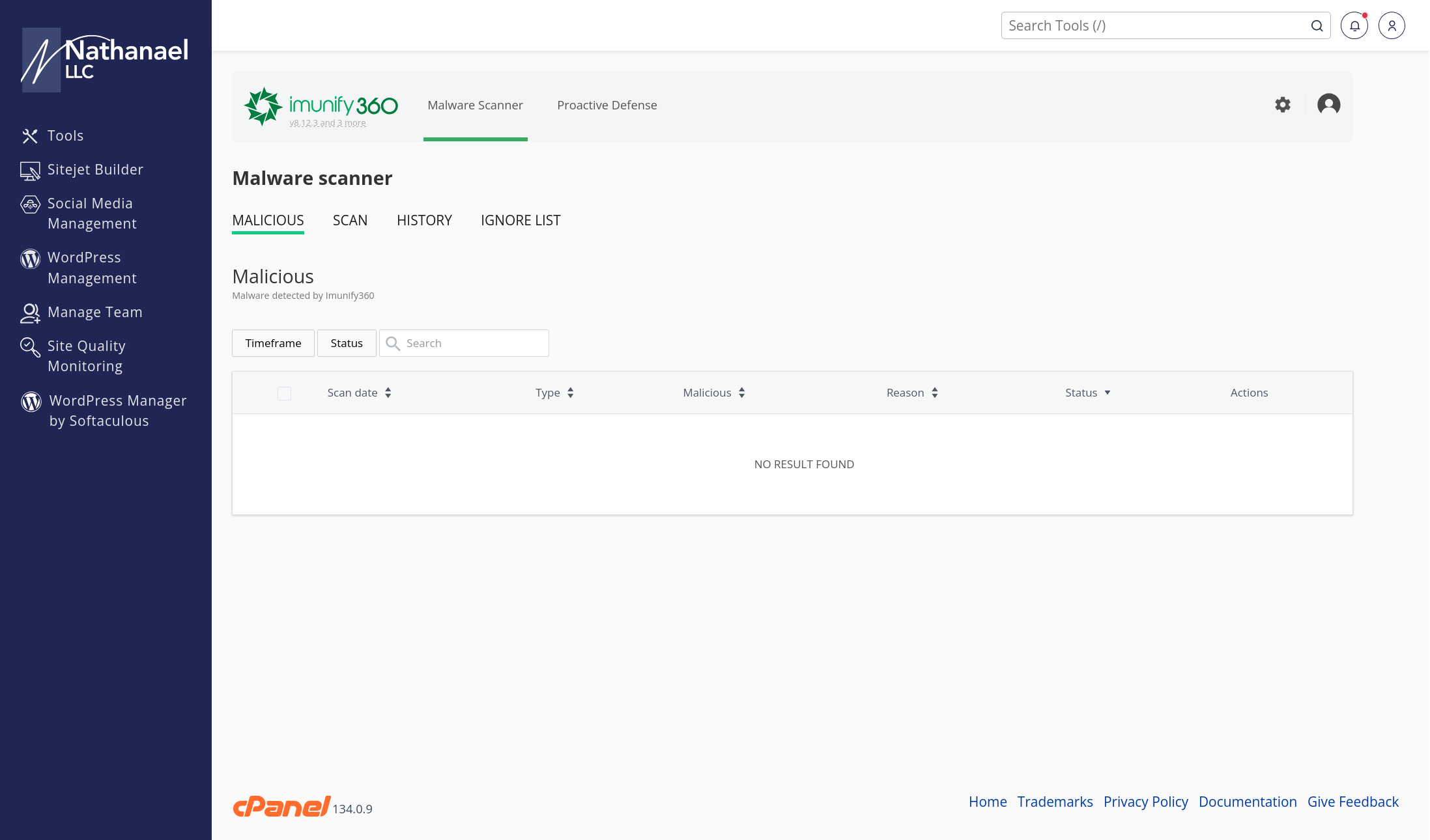Imunify360 security dashboard displaying malware scan results and protection status