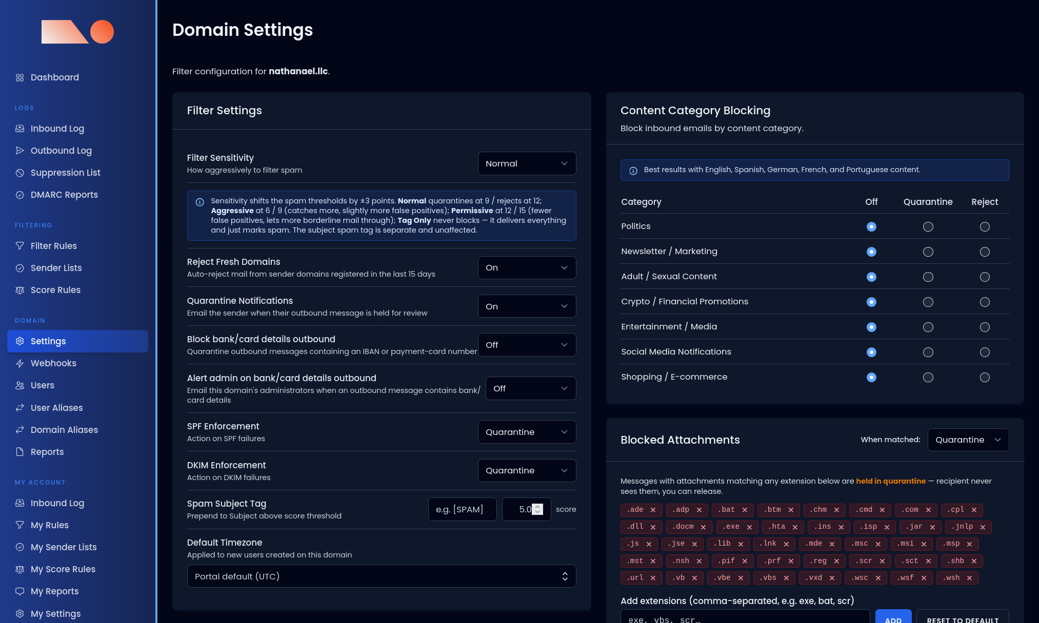 MXFilter filter settings and content category blocking