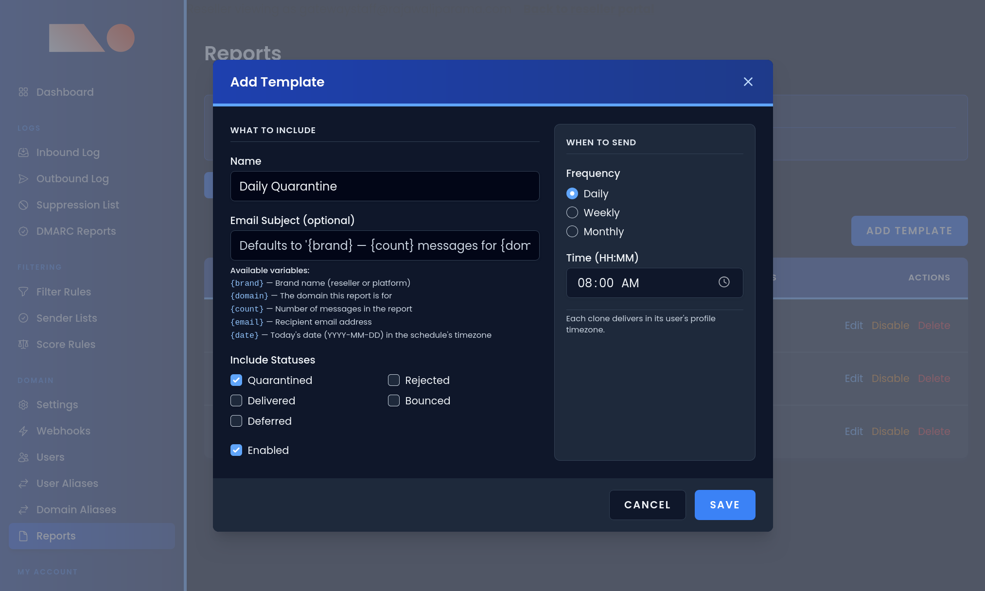Scheduling a quarantine digest report in MXFilter