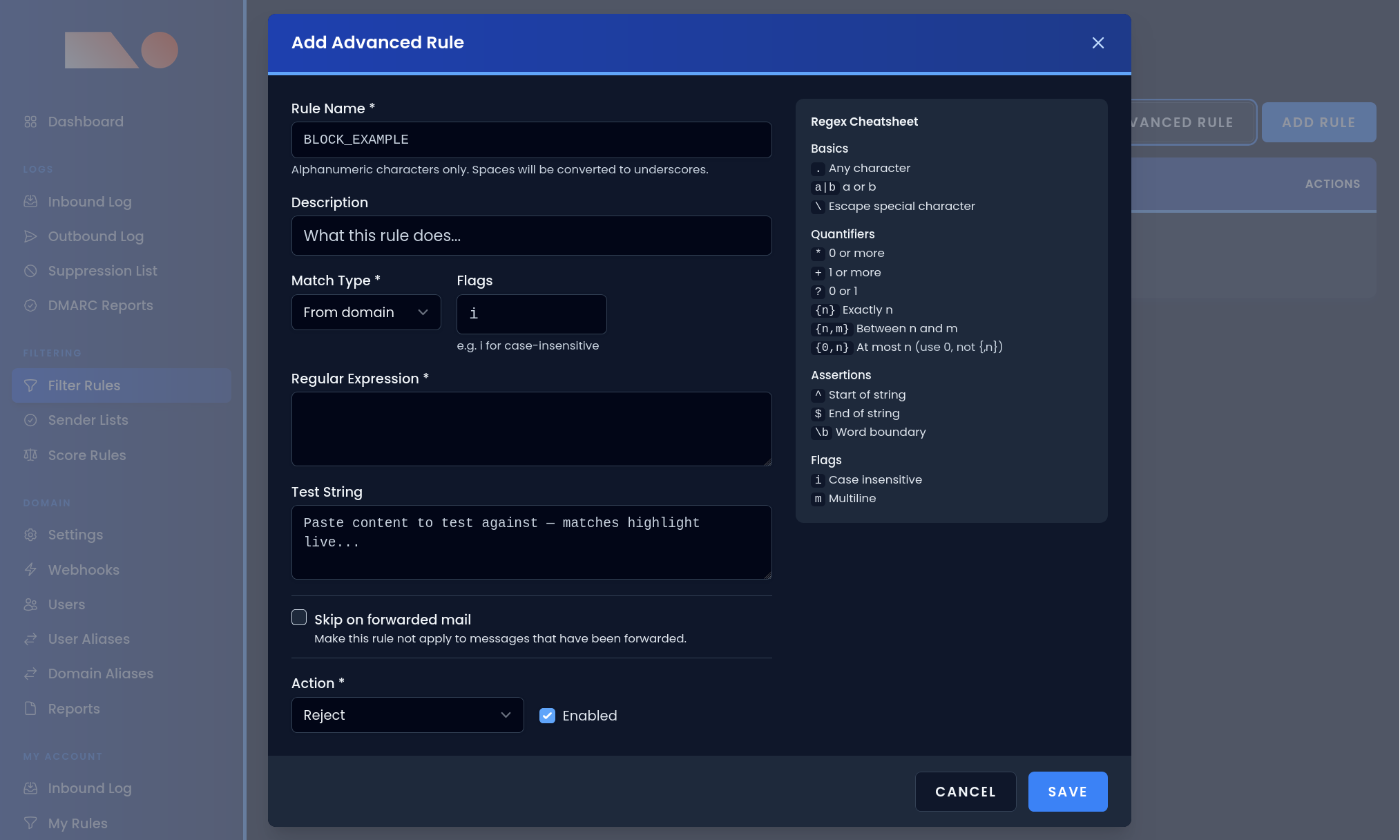 Adding an advanced rule in MXFilter