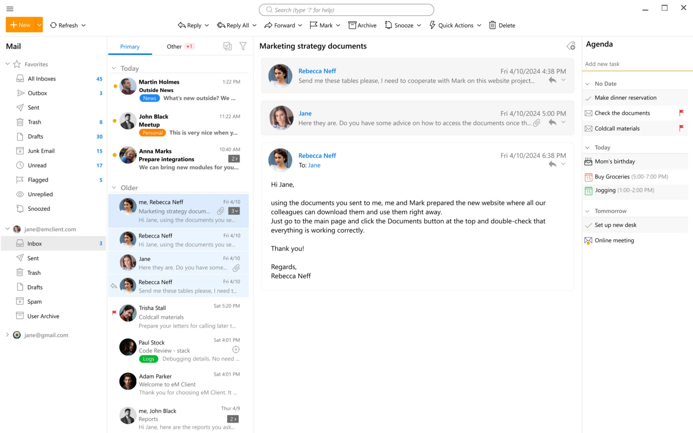The eM Client desktop inbox