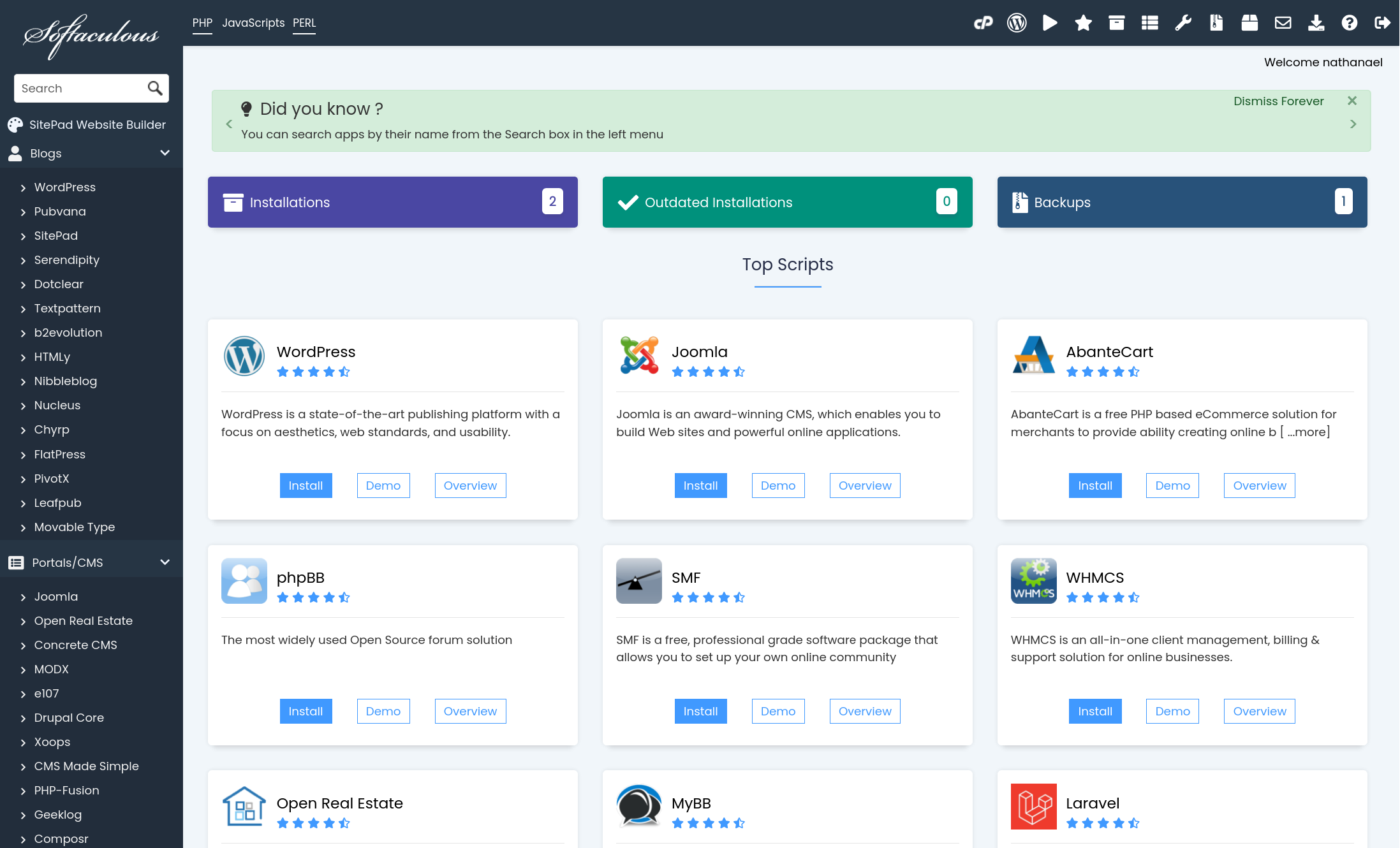 Softaculous one-click installer showing available applications including WordPress