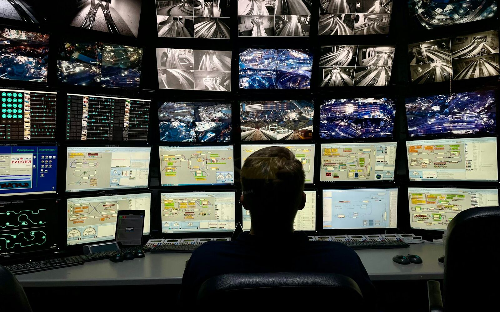 A person watching a wall of camera monitors
