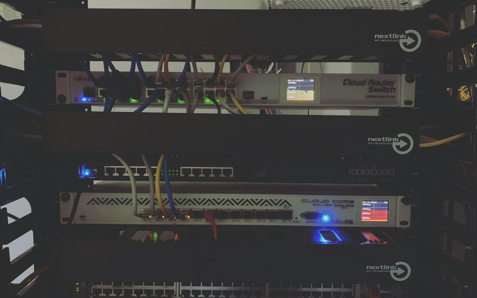 Routers and switches installed in a network rack