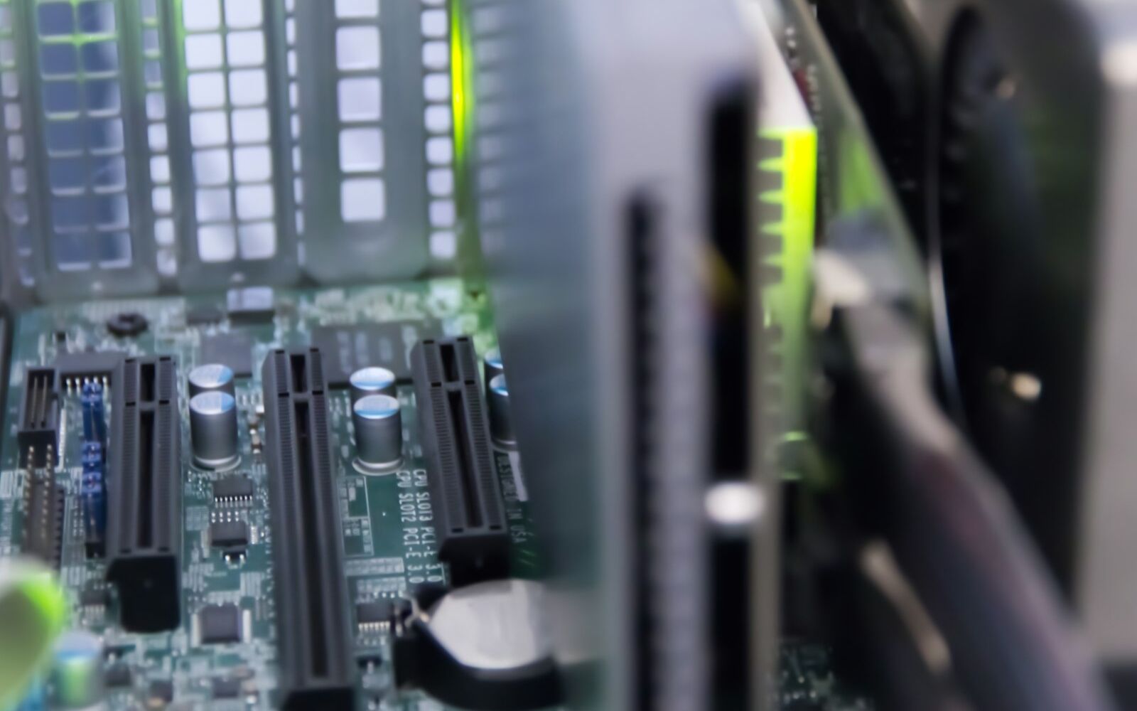 Close-up of a server motherboard and expansion slots