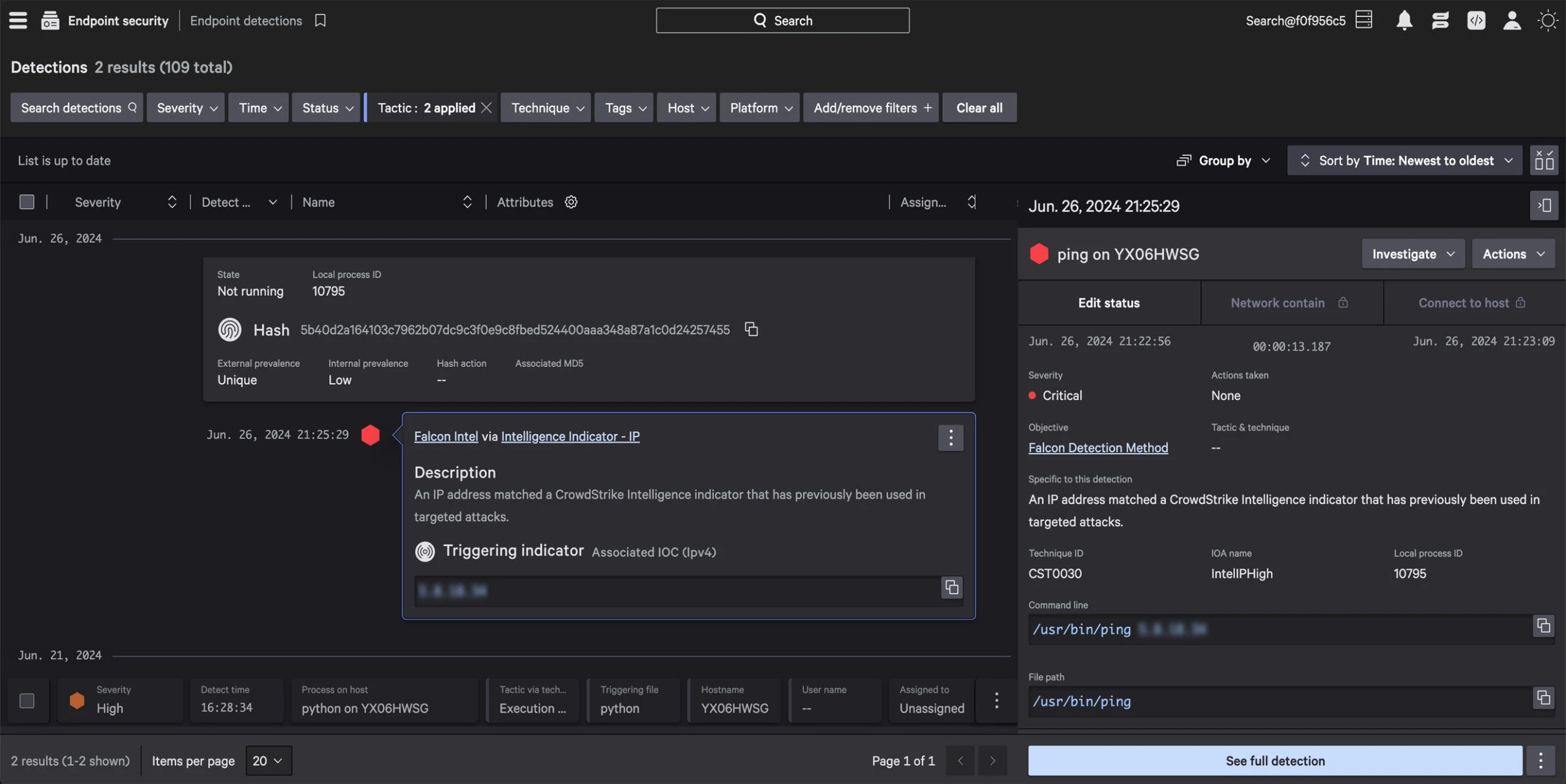 The CrowdStrike Falcon endpoint detections view listing detections with severity and tactic