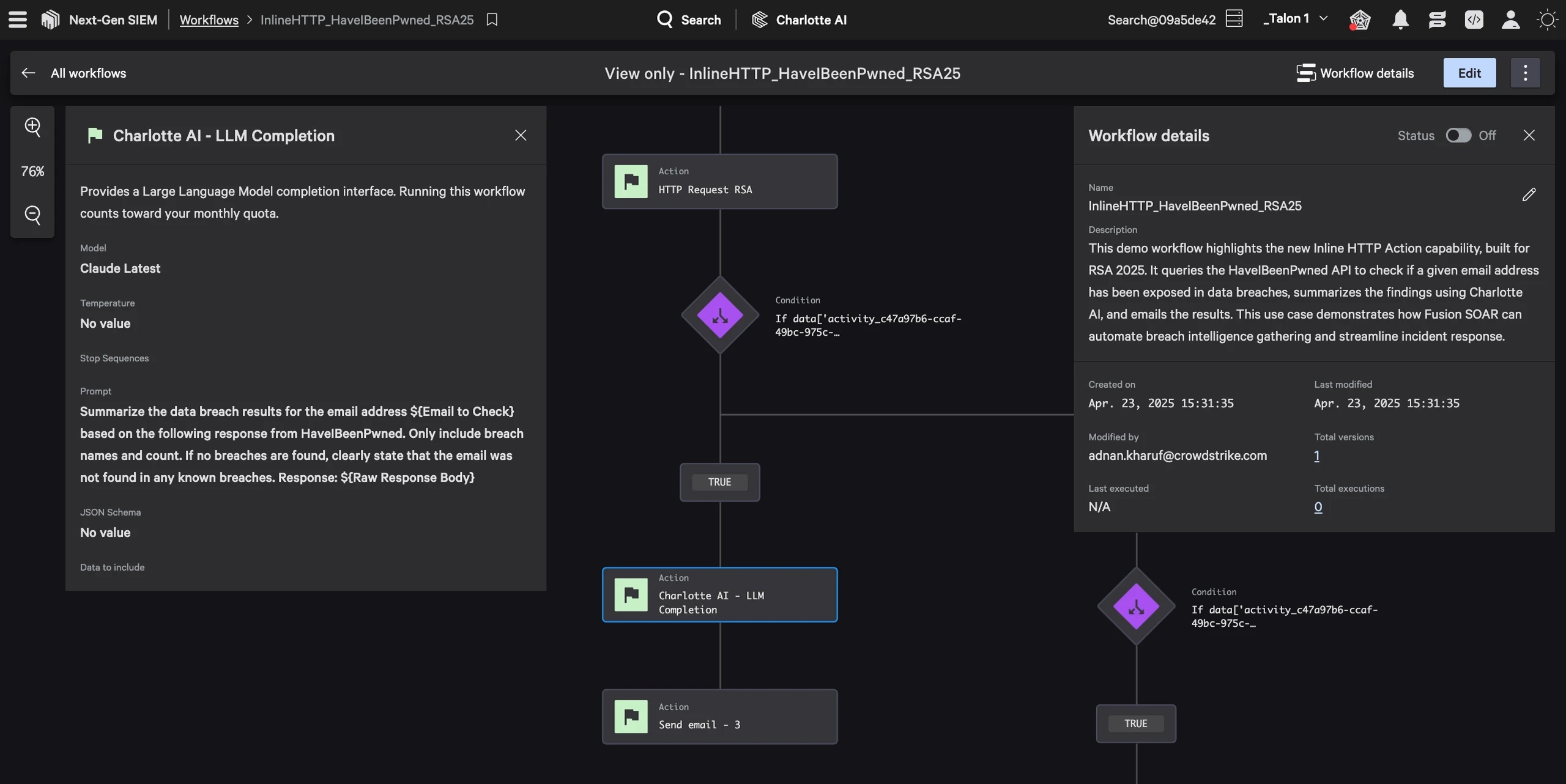 A CrowdStrike Falcon workflow with an AI completion step