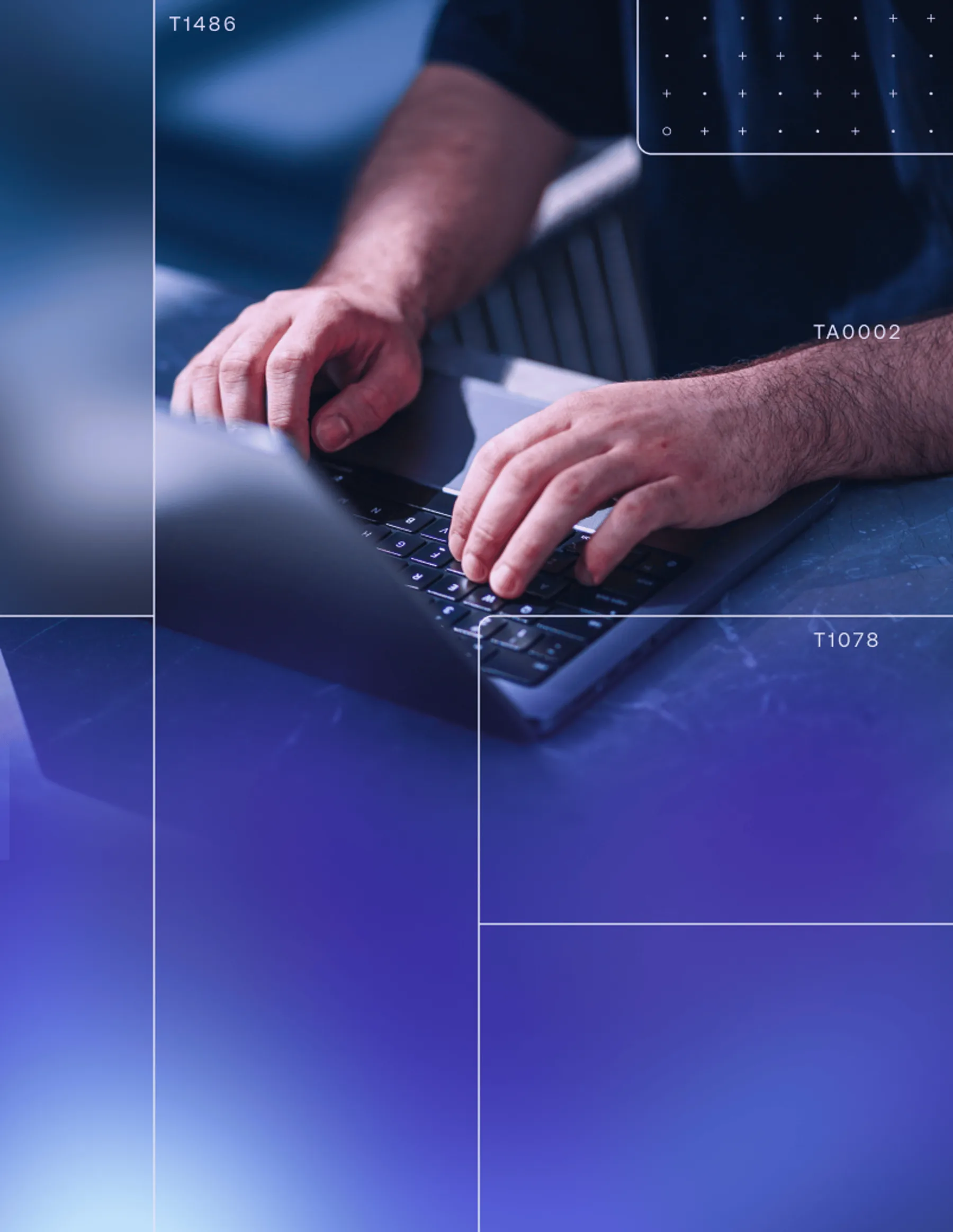 Hands typing on a laptop overlaid with threat hunting technique labels